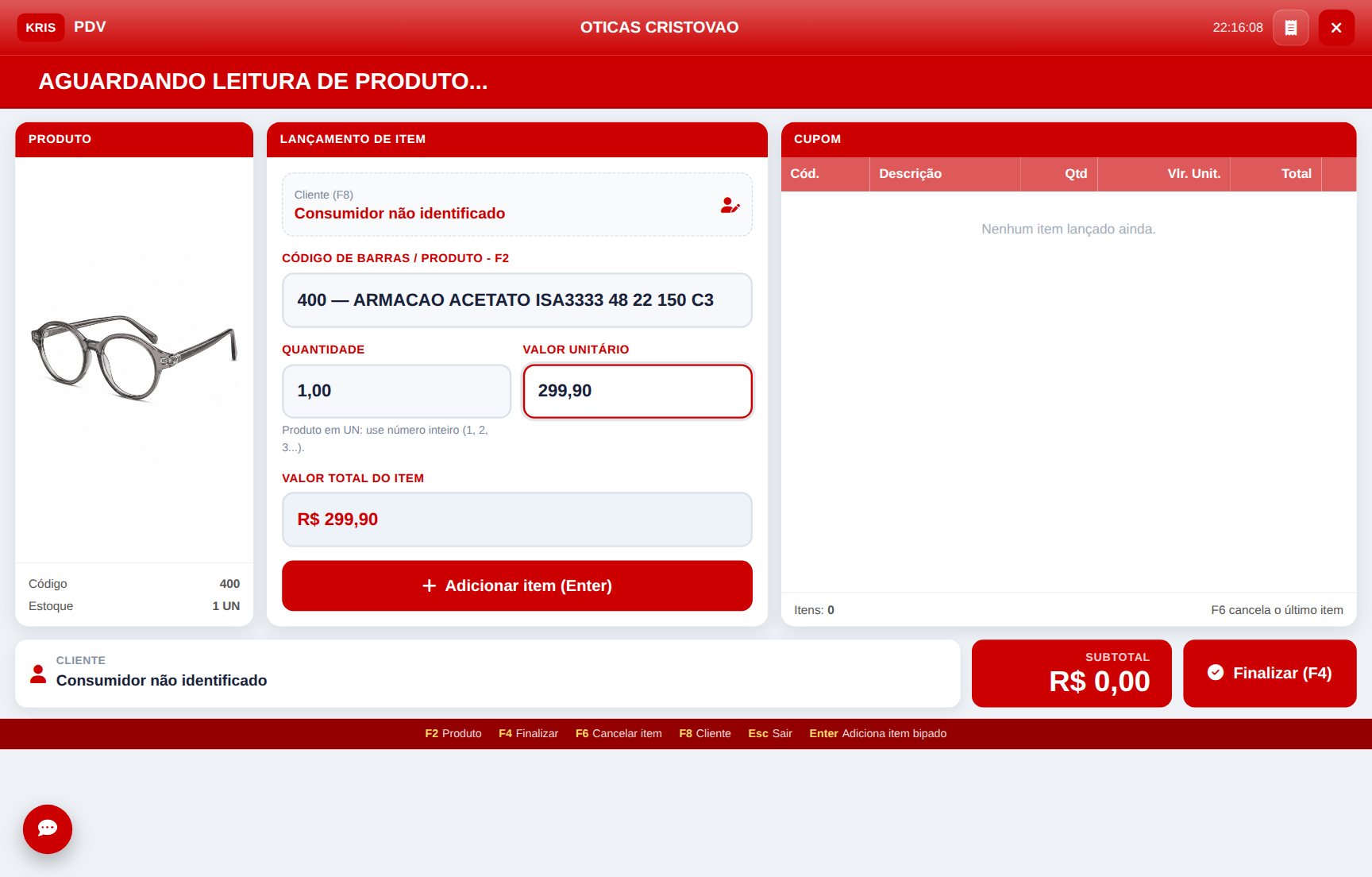Tela verdadeira do PDV com armação de acetato da Óticas Cristóvão por R$ 299,90